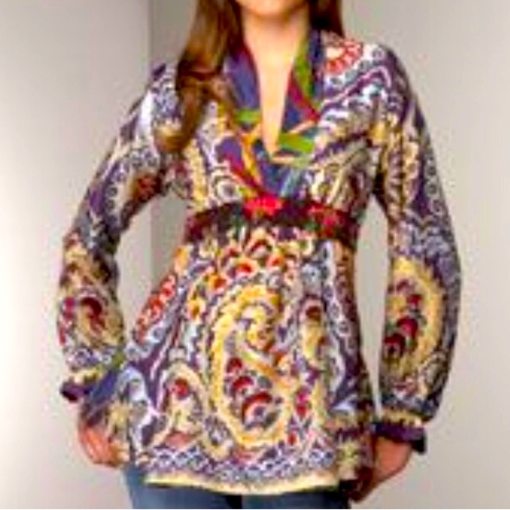 Johnny Was Women's Plus 1X Multicolor Purple Yellow Floral Silk Tunic Top